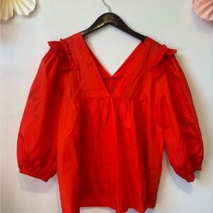 Red V-Neck Ruffle Sleeve Women's Top